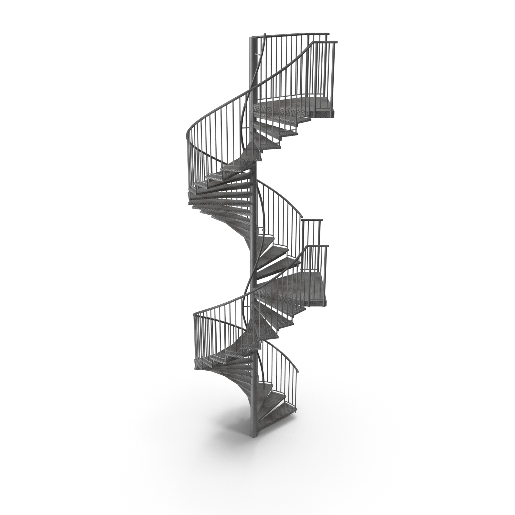 A stylish contemporary spiral staircase with a sophisticated metal structure, wooden treads, and stainless steel balustrade wires